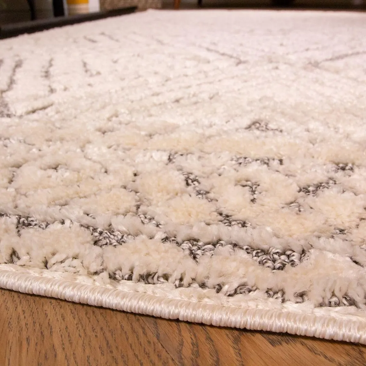 Large Soft Fluffy Grey Cream Trellis Area Rug - Image 3