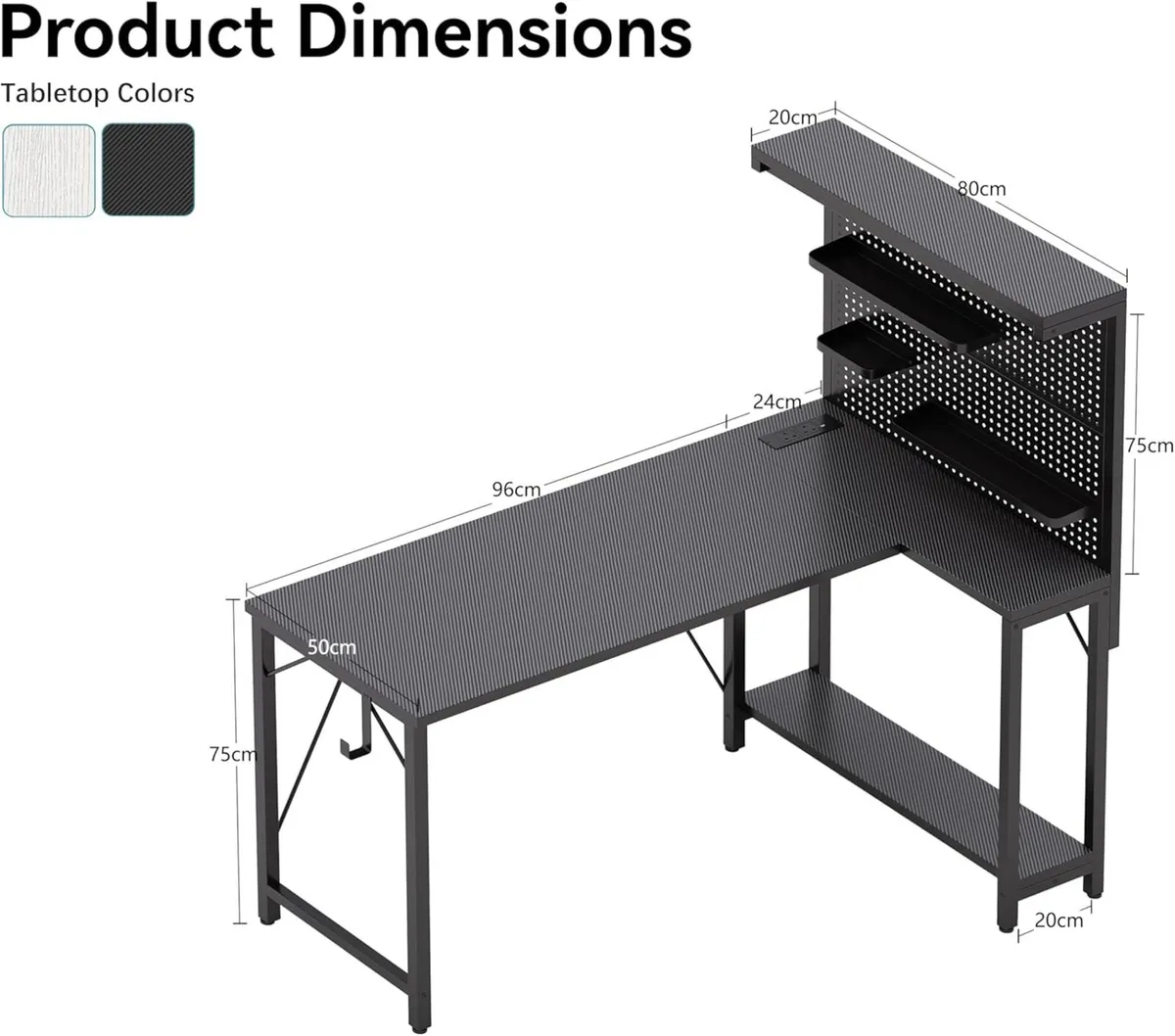 120x80cm L Shaped Gaming Desk with Pegboard Hutch - Image 3