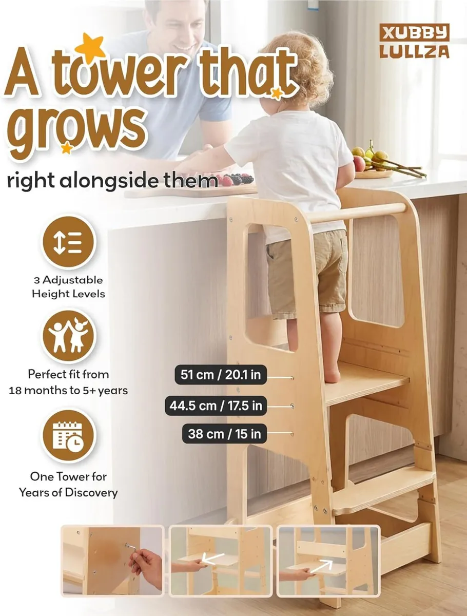 Toddler Step Stool - Adjustable Height Wooden for - Image 2