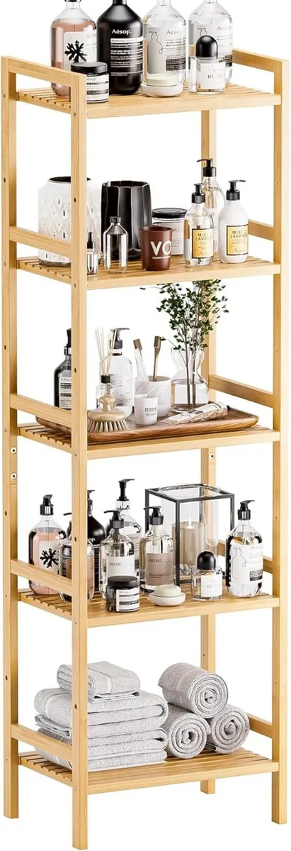 5-Tier Bamboo Bookshelf Tall Narrow Adjustable - Image 1