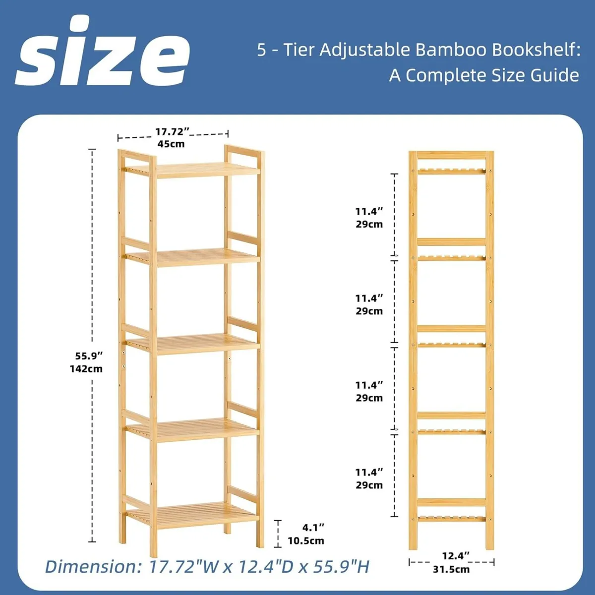 5-Tier Bamboo Bookshelf Tall Narrow Adjustable - Image 3