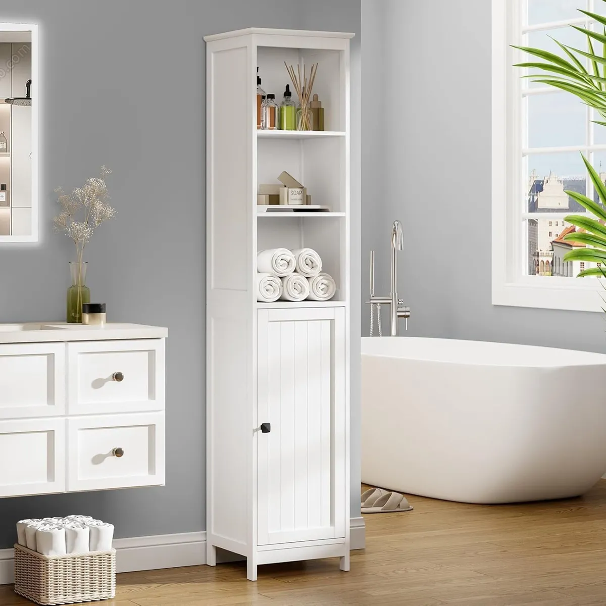 Tall Bathroom Storage Cabinet Slim with Door - Image 2