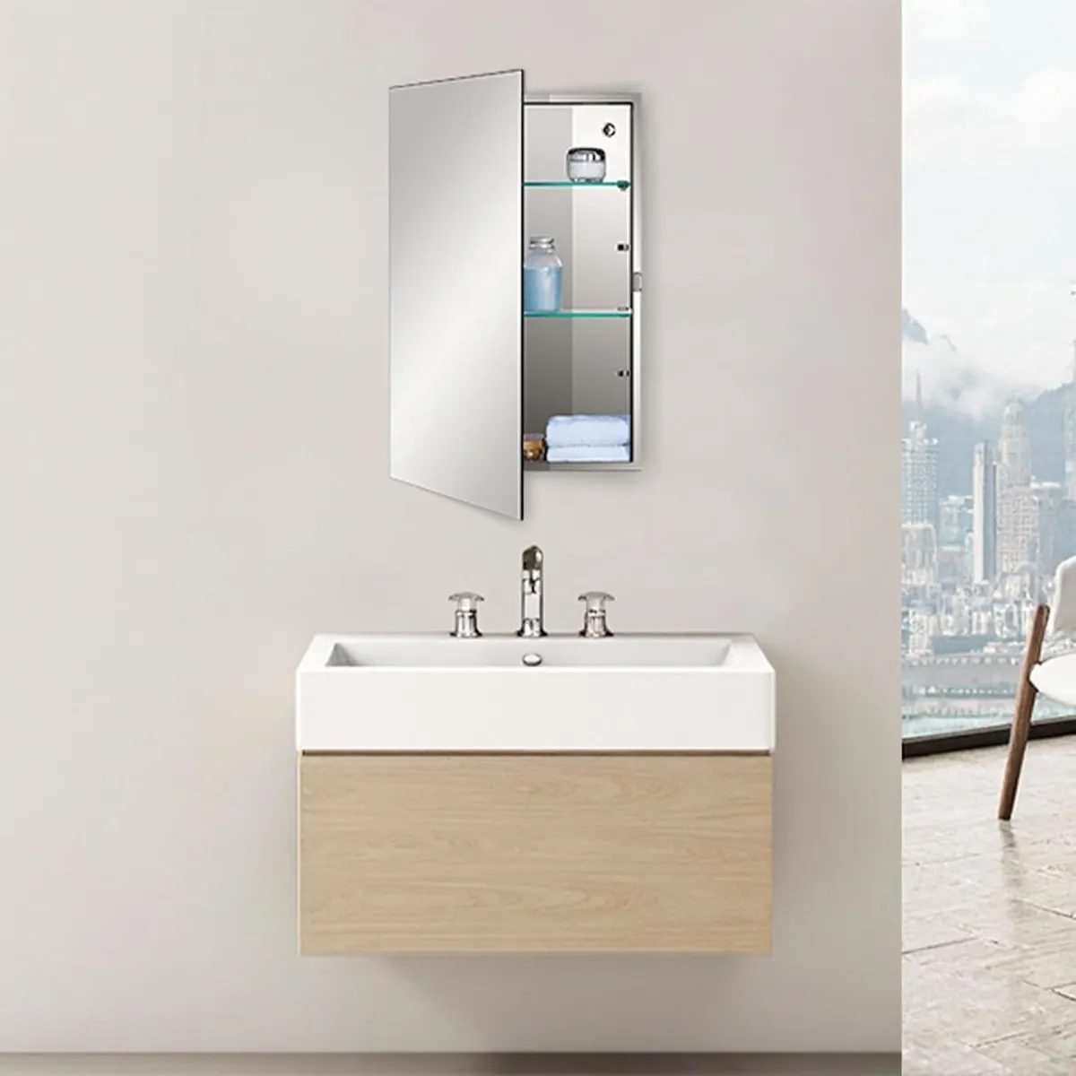 Bathroom Mirror Cabinet with Single Door Adjustabl - Image 2