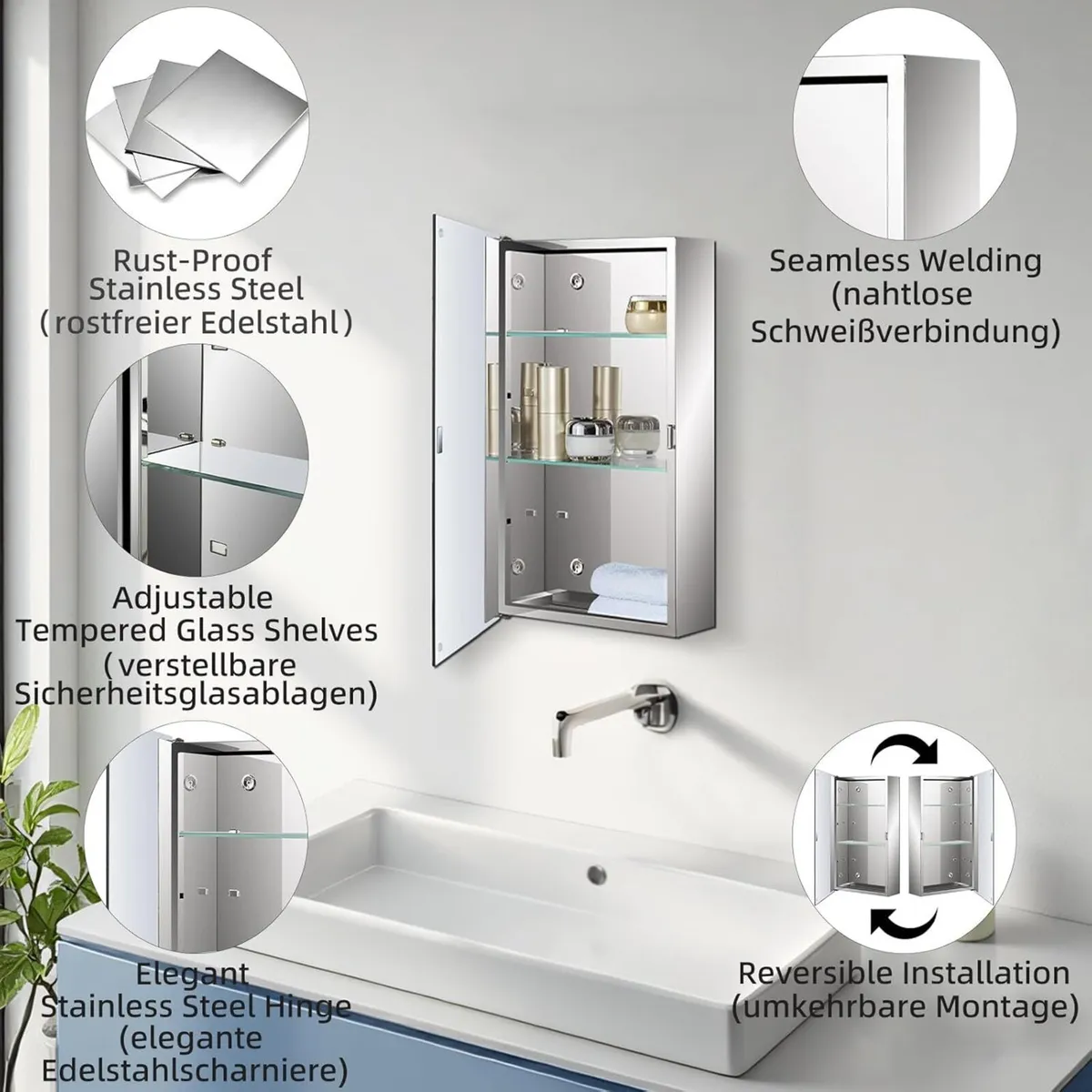 Bathroom Mirror Cabinet with Single Door Adjustabl - Image 4