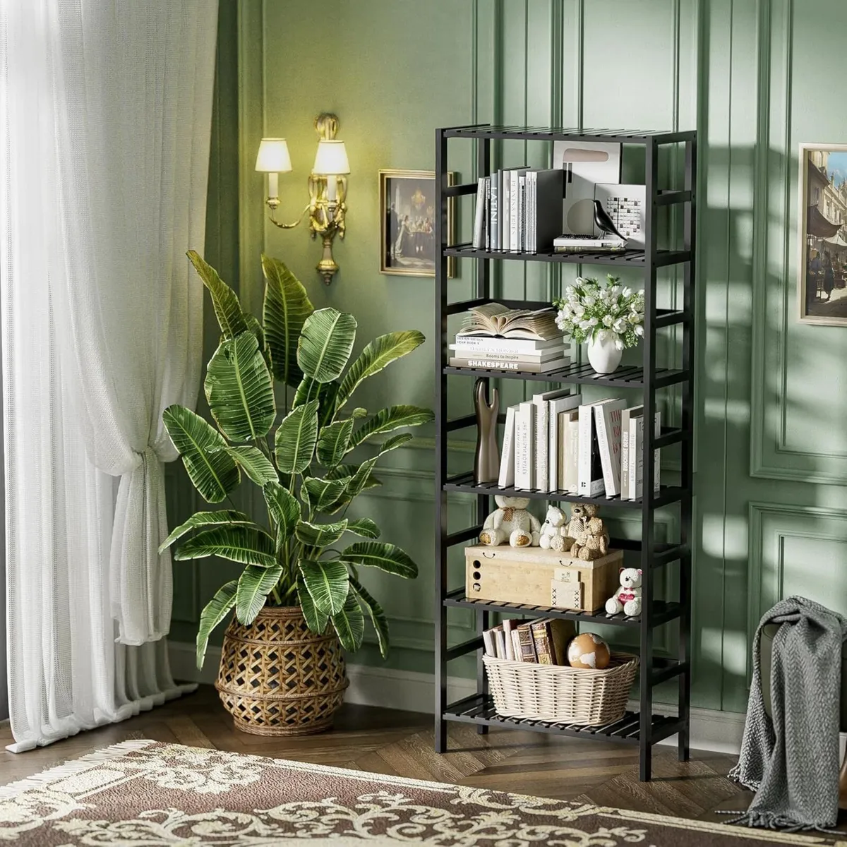 Bamboo Bookshelf 6-Tier Tall Open Bookcase with - Image 2