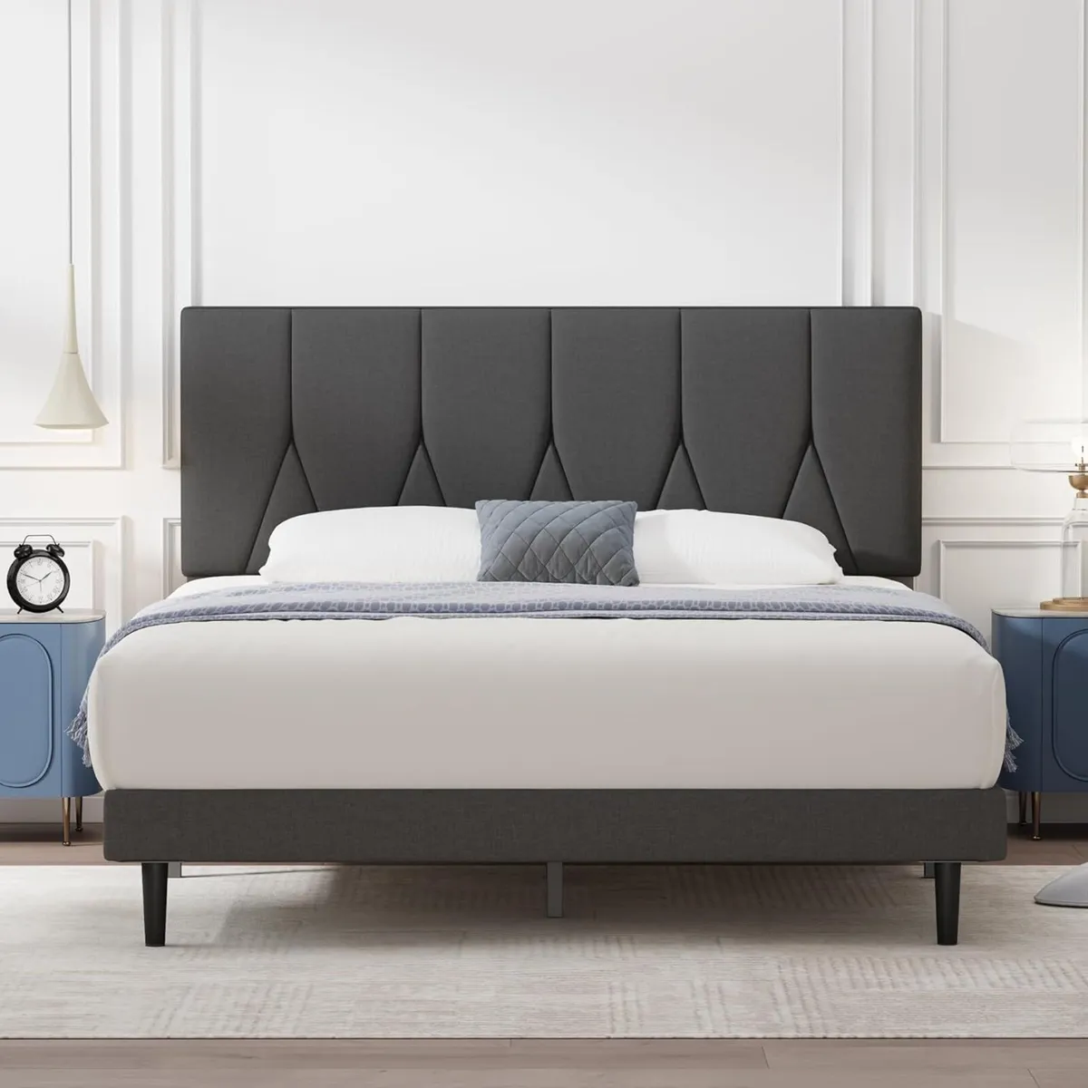 Double Bed Frame Dark Grey Upholstered Wooden - Image 1