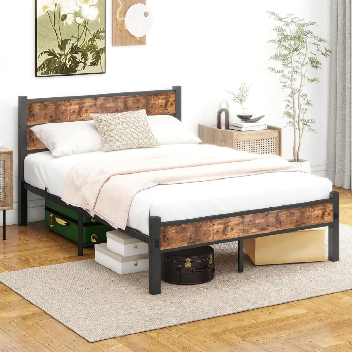 Double Bed Frame with Wooden Headboard and - Image 3