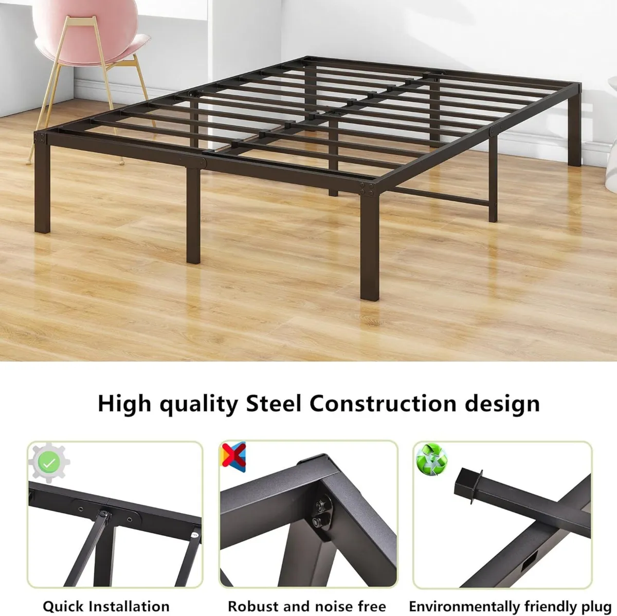 4ft6 Double Bed Frames 36cm High Metal Platform - Image 4
