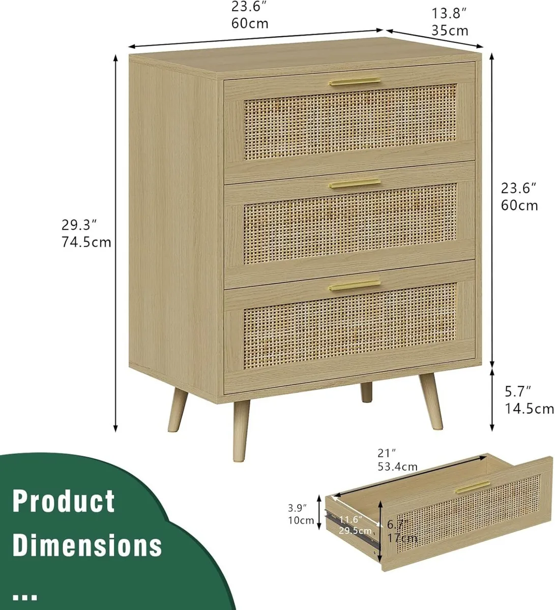 3 Drawer Rattan Dresser for Bedroom Boho Beside - Image 2