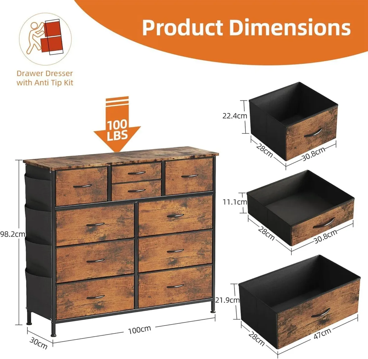 Chest of Drawers 100cm Wide Dresser for Bedroom - Image 3