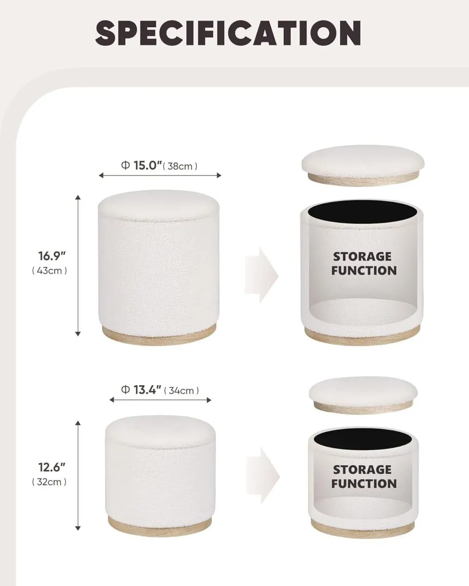 Round White Ottoman with Storage Set of 2 Makeup - Image 3