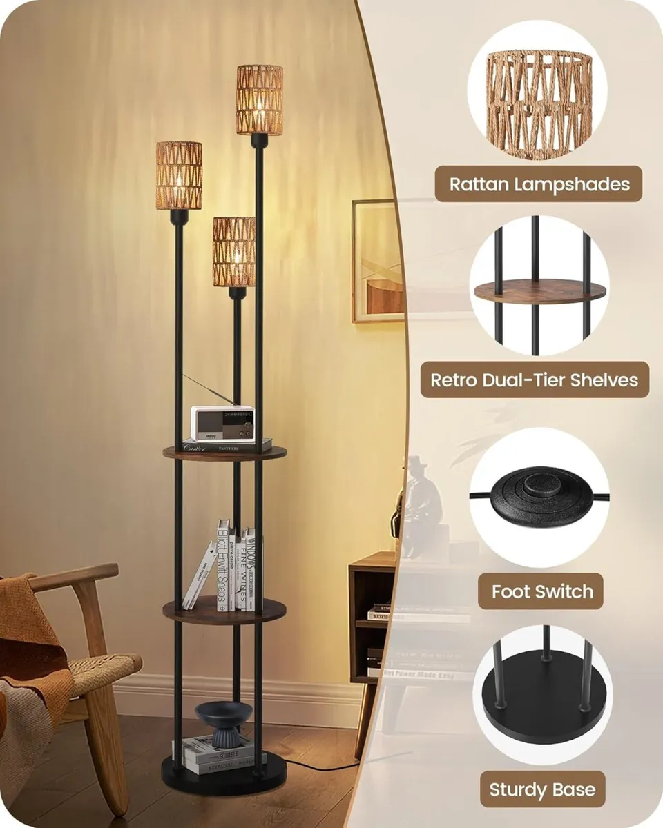 Floor Lamp with Shelves Boho 3 Linen Shades and - Image 4