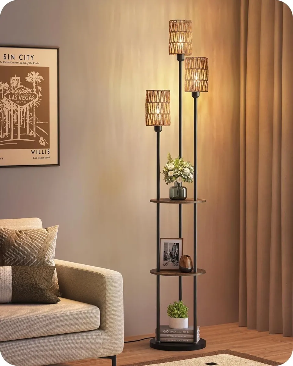 Floor Lamp with Shelves Boho 3 Linen Shades and - Image 1