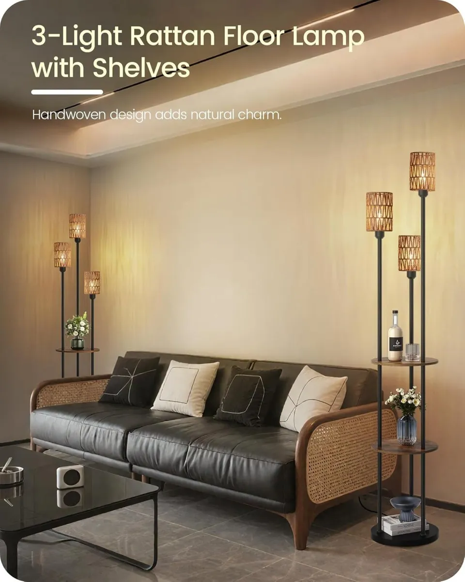 Floor Lamp with Shelves Boho 3 Linen Shades and - Image 2