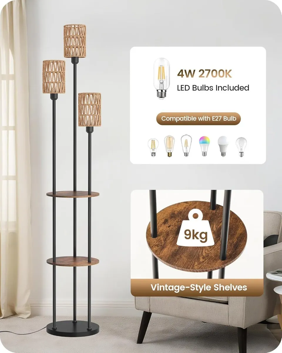 Floor Lamp with Shelves Boho 3 Linen Shades and - Image 3