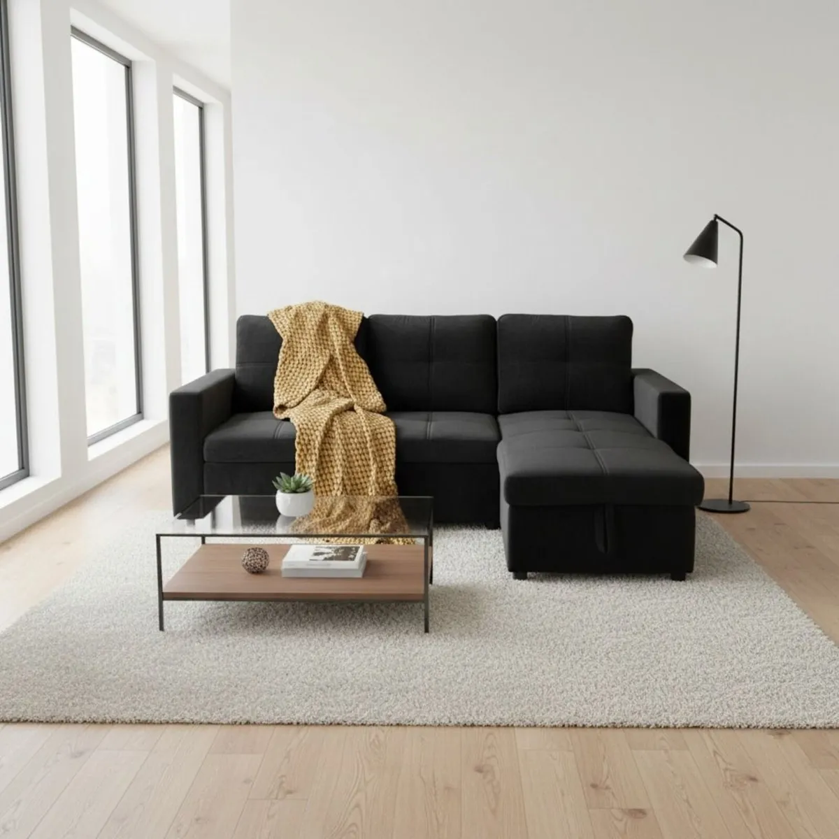 Black velvet Corner Sofa Bed Storage, 215cm - Image 3