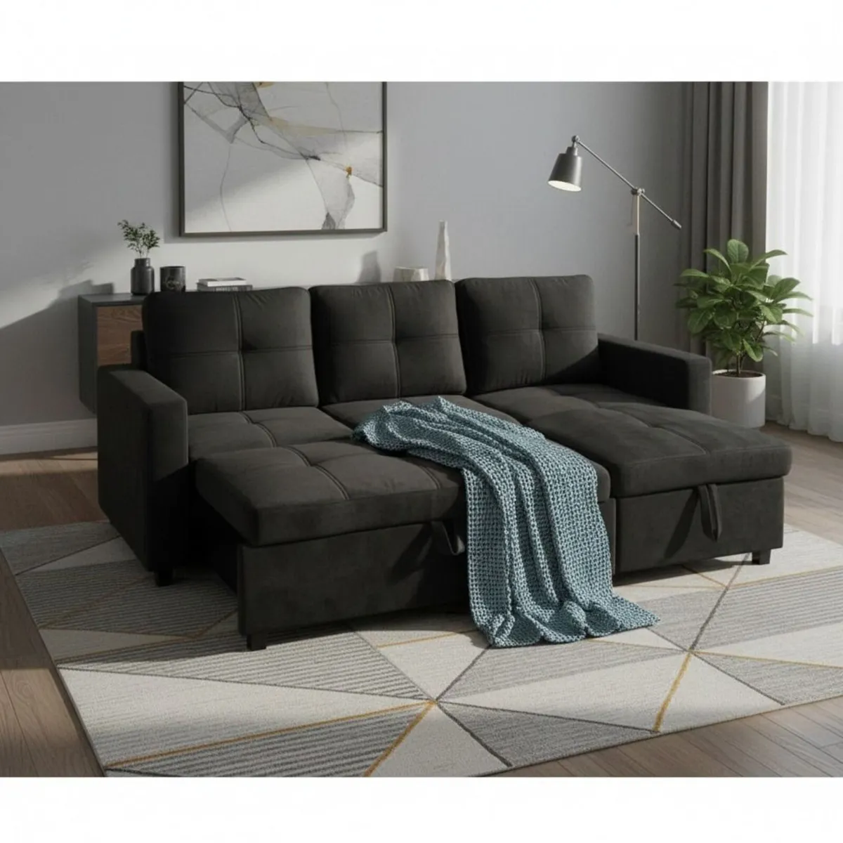 Black velvet Corner Sofa Bed Storage, 215cm - Image 2