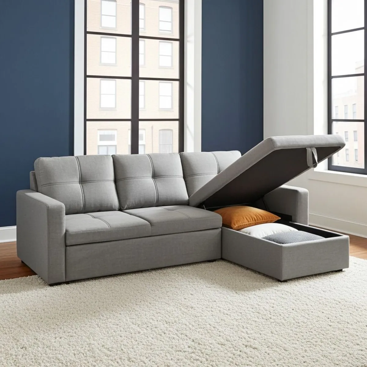 Light grey velvet Corner Sofa Bed with Storage - Image 3
