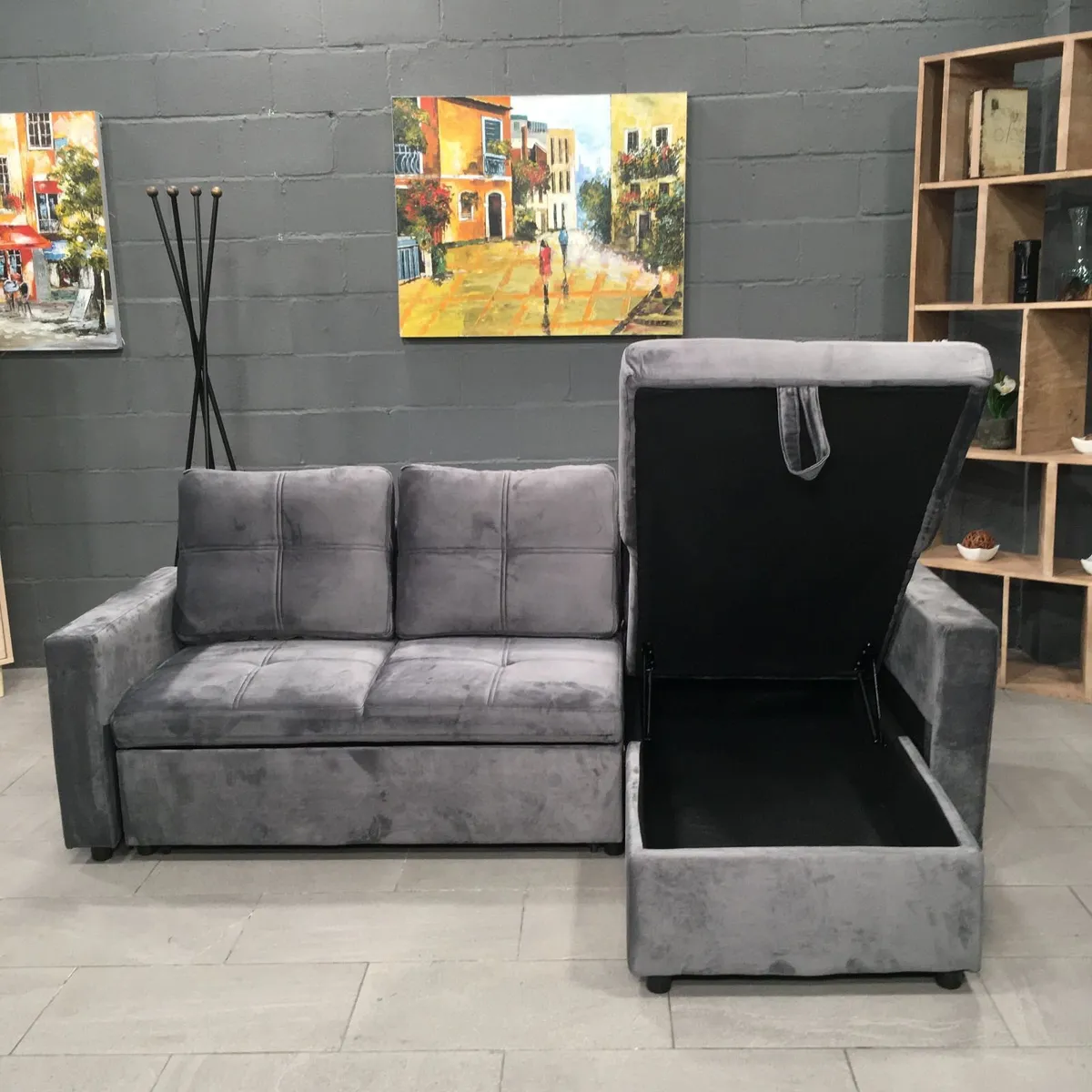 Grey velvet Corner Sofa Bed Storage Free Delivery - Image 1