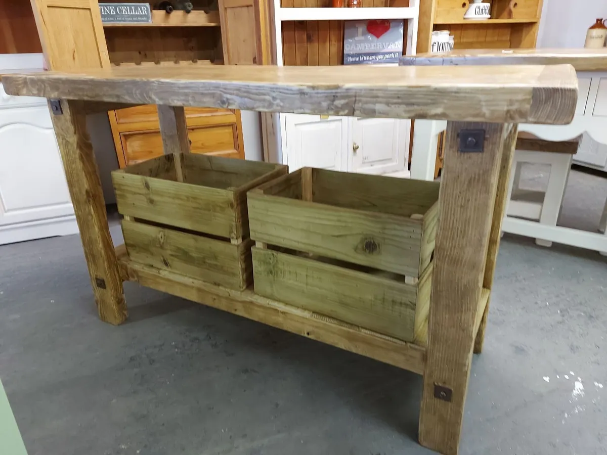 Reclaimed pine kitchen island, matching crates - Image 2