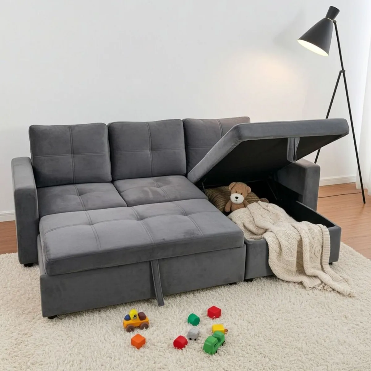 Grey velvet Corner Sofa Bed Storage Free Delivery - Image 1