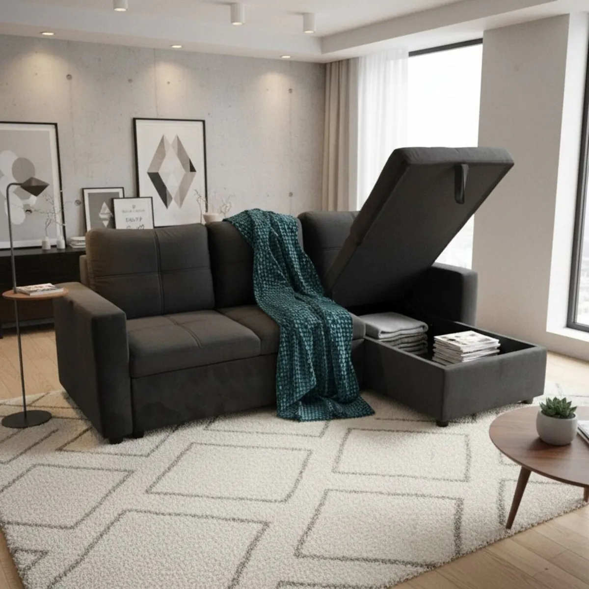 Black velvet Corner Sofa Bed Storage, 215cm - Image 1