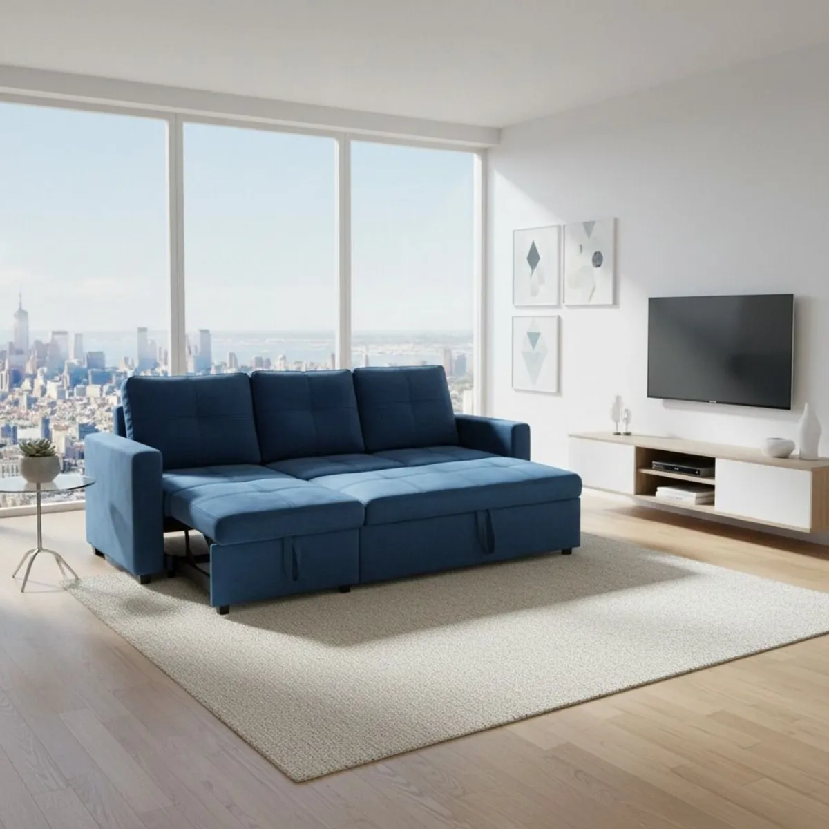 Blue Corner Sofa Bed Storage,215cm - Image 3