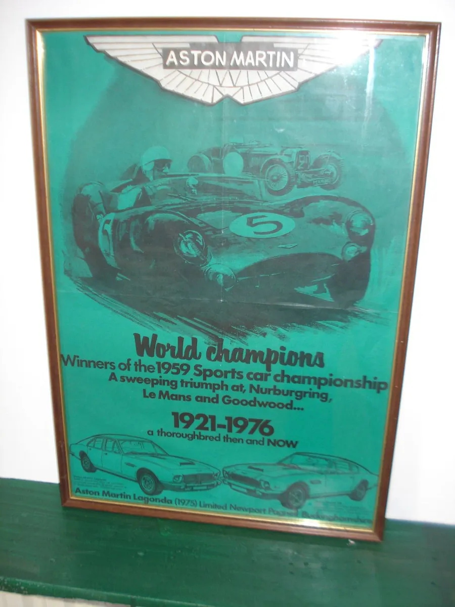 ASTON MARTIN LAGONA II FRAMED 1976 POSTER & BADGE, - Image 1