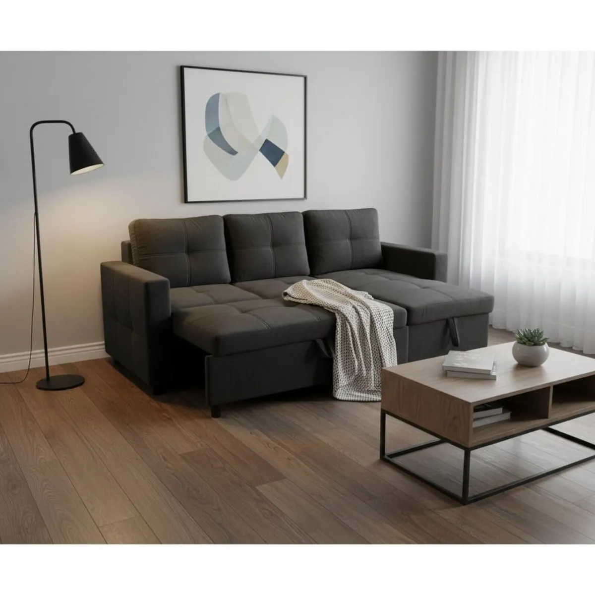 Black velvet Corner Sofa Bed Storage, 215cm - Image 2