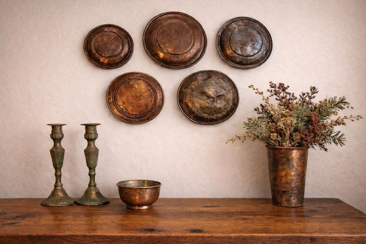 Set of 6 Antique Copper Wall Plates – Rustic - Image 1