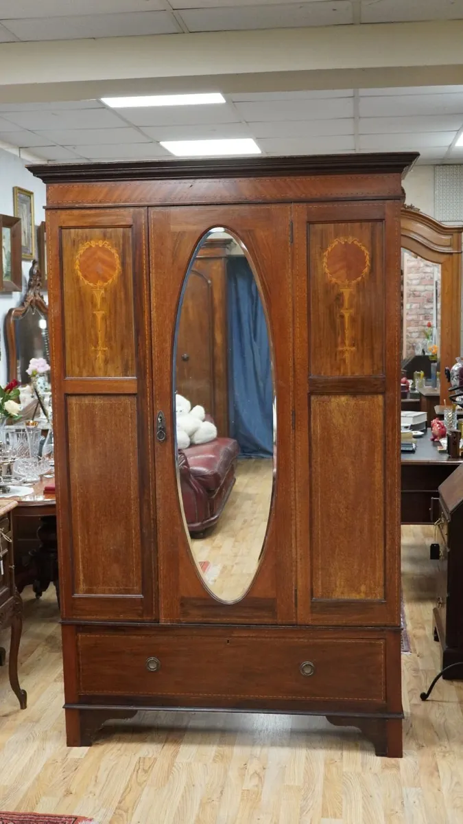 Antique Edwardian Inlaid Mahogany Wardrobe - Image 2