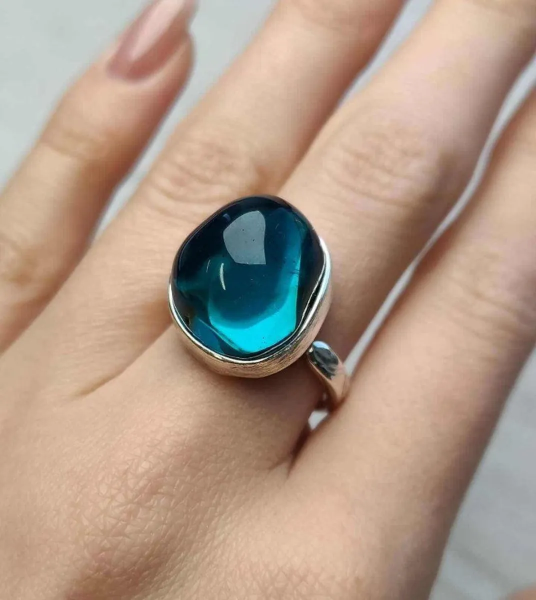 Natural blue amber ring