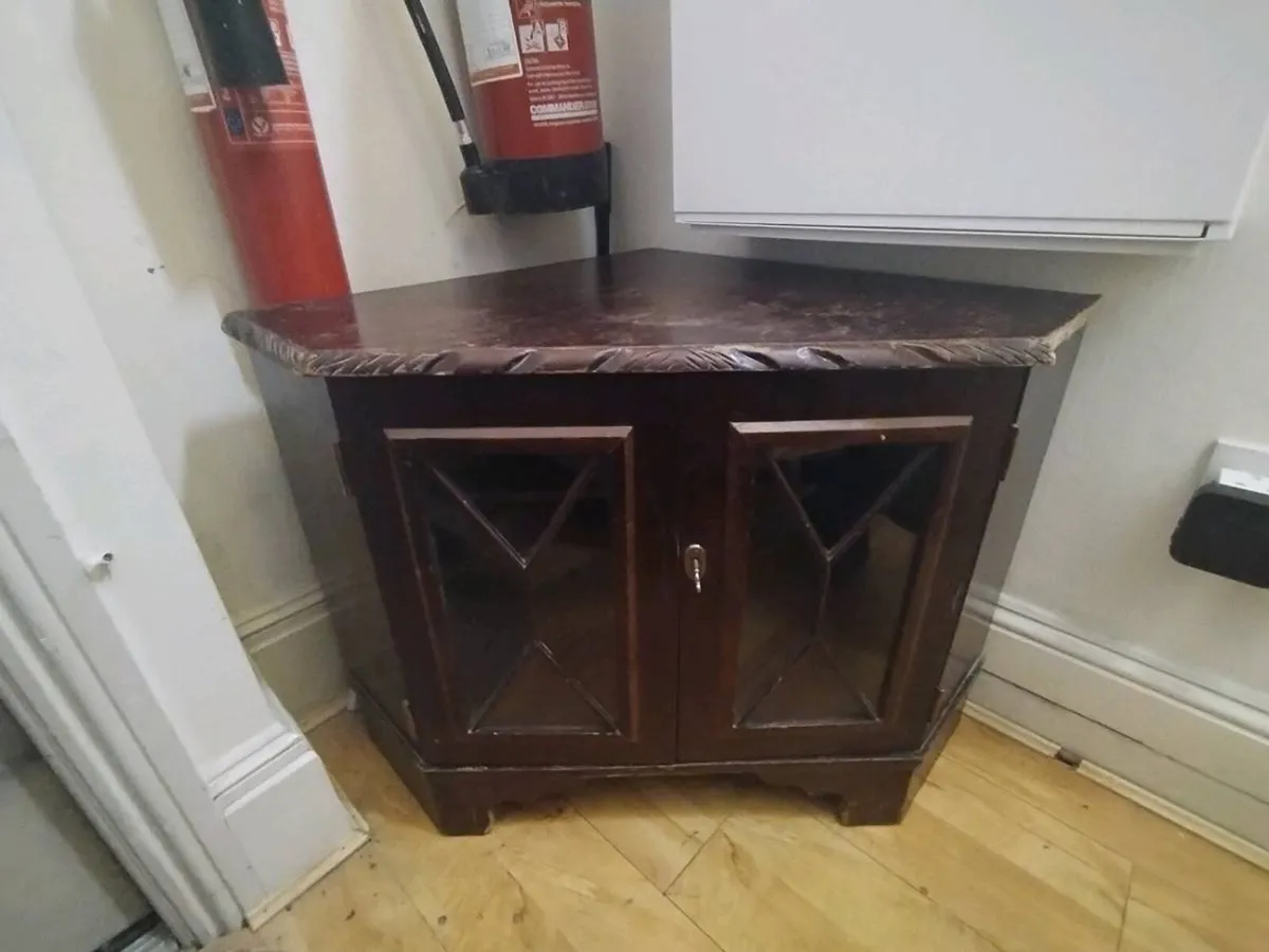 Vintage Wooden Corner Cabinet with Glass Doors - Image 1