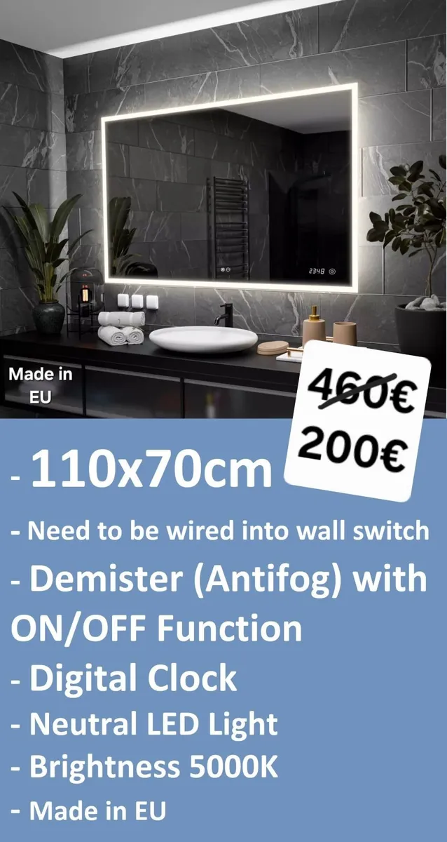 LED Bathroom Mirror Antifog Digital Clock 110x70cm - Image 2
