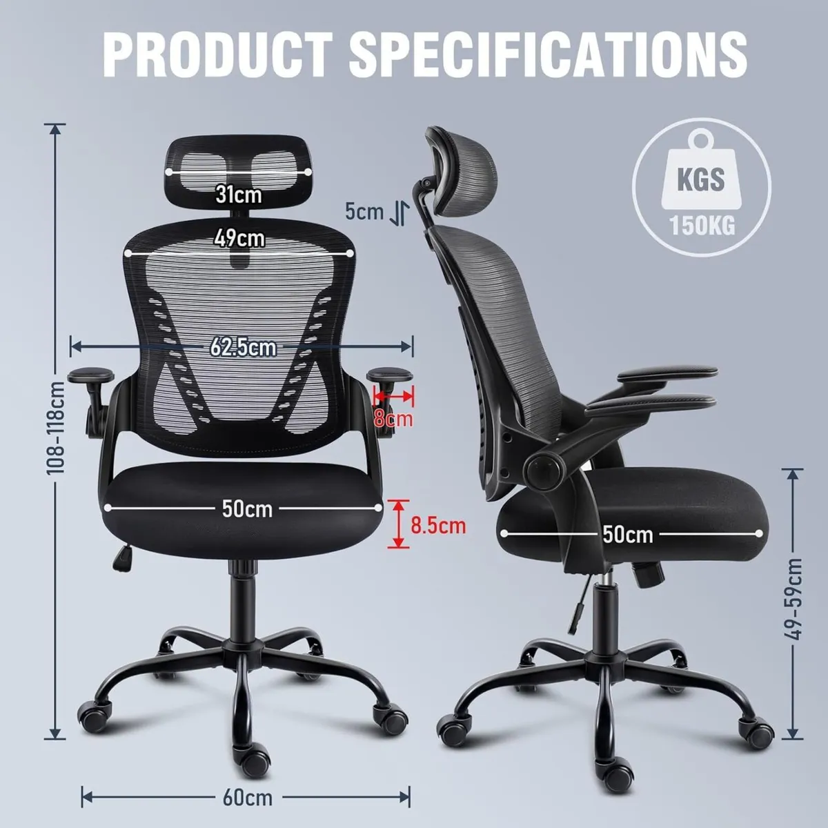 Office Chair with Headrest Mesh Desk Flip-up - Image 2