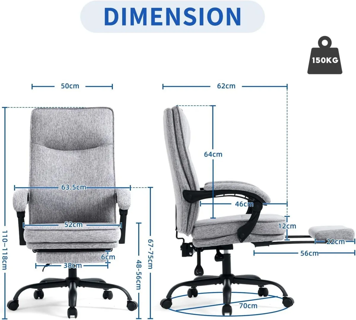Fabric Office Chair with Footrest Ergonomic - Image 2