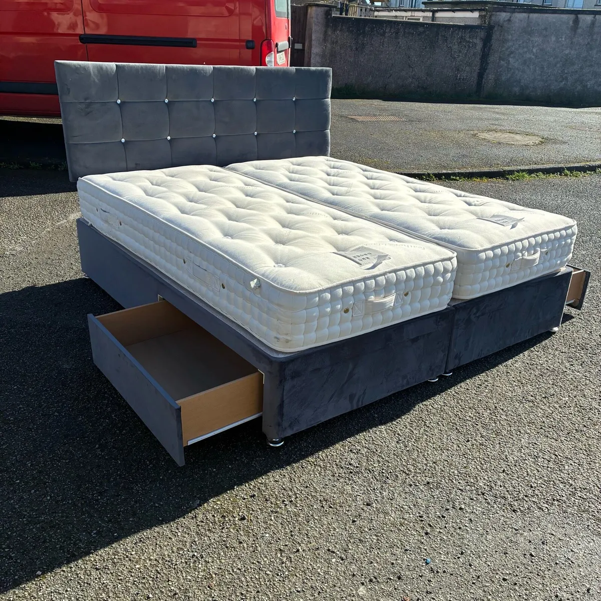 Grey Crushed Velvet 6ft Super King bed 2 Drawers - Image 1