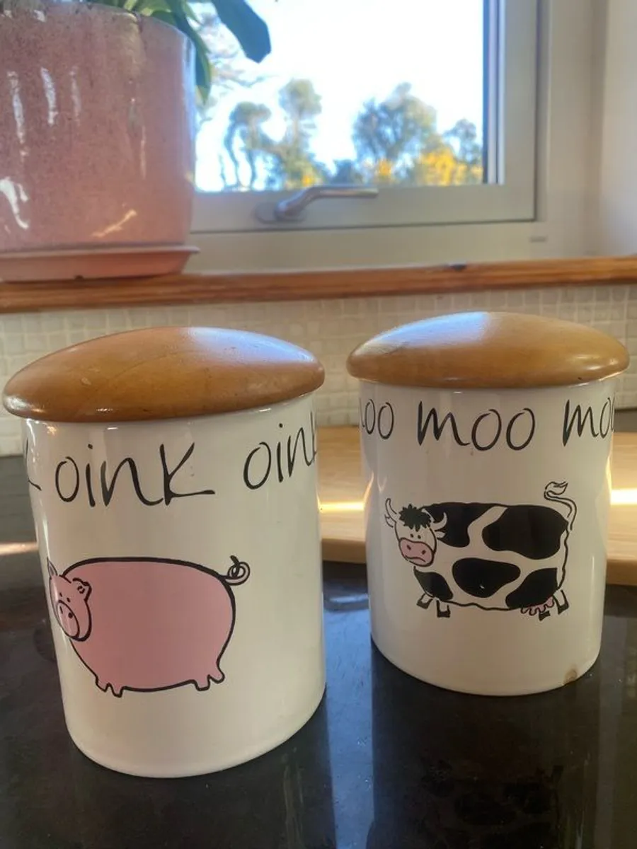 ceramic farm animal jars with wooden lids - Image 1