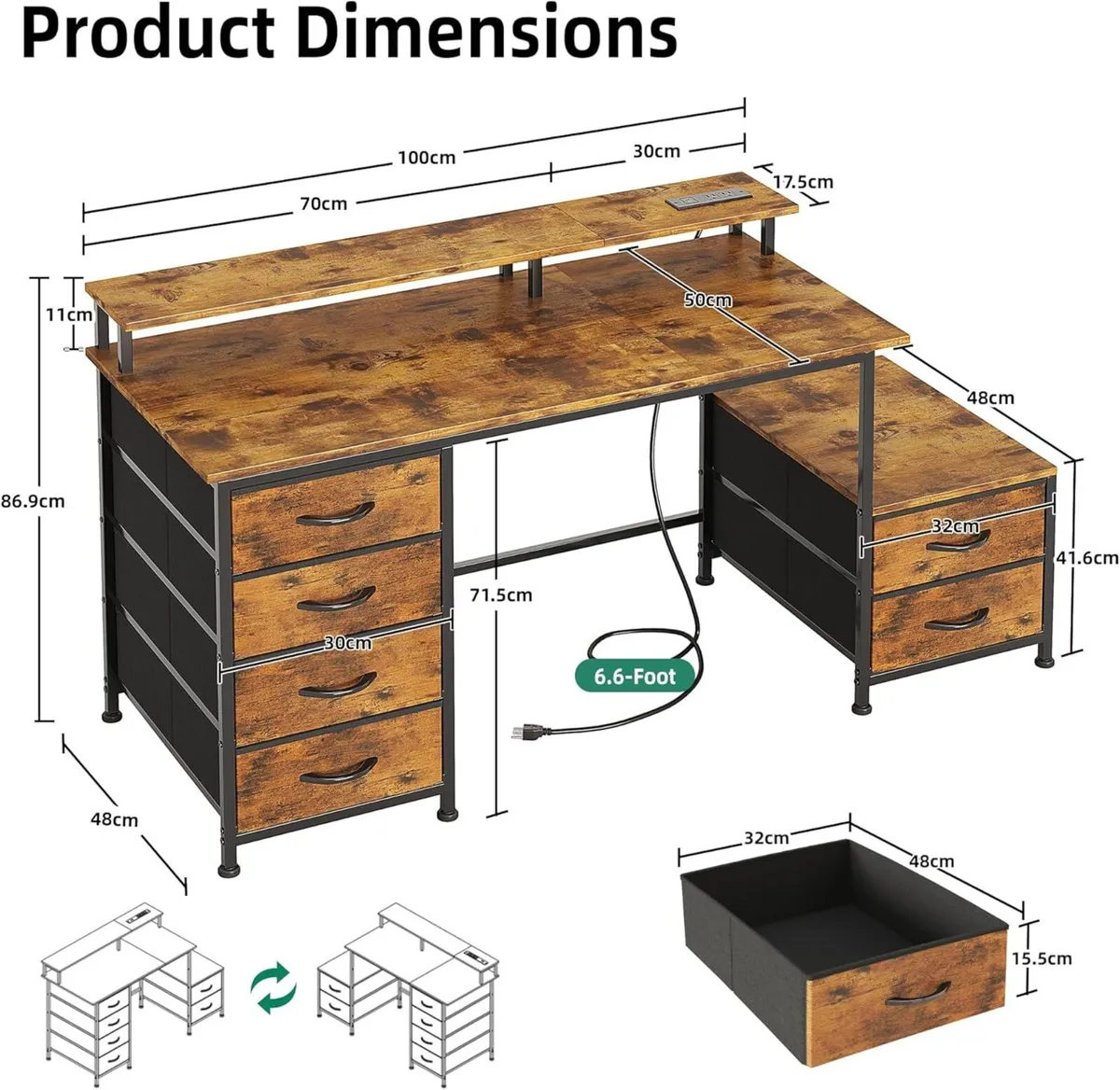 128cm Desk with Fabric File Cabinet Computer - Image 3