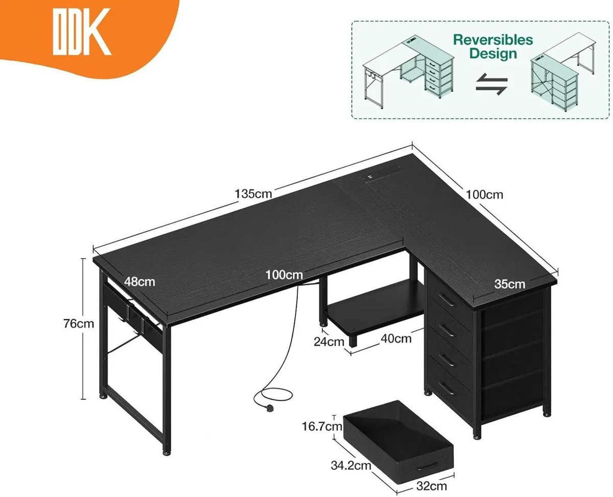Corner Desk with Drawers Reversible L Shaped - Image 3