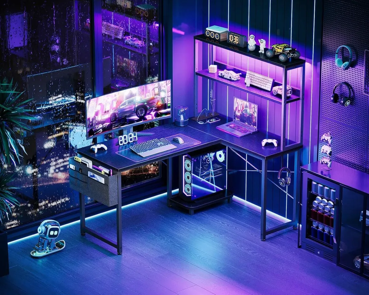 L Shaped Gaming Desk with LED Lights Power Outlet - Image 2
