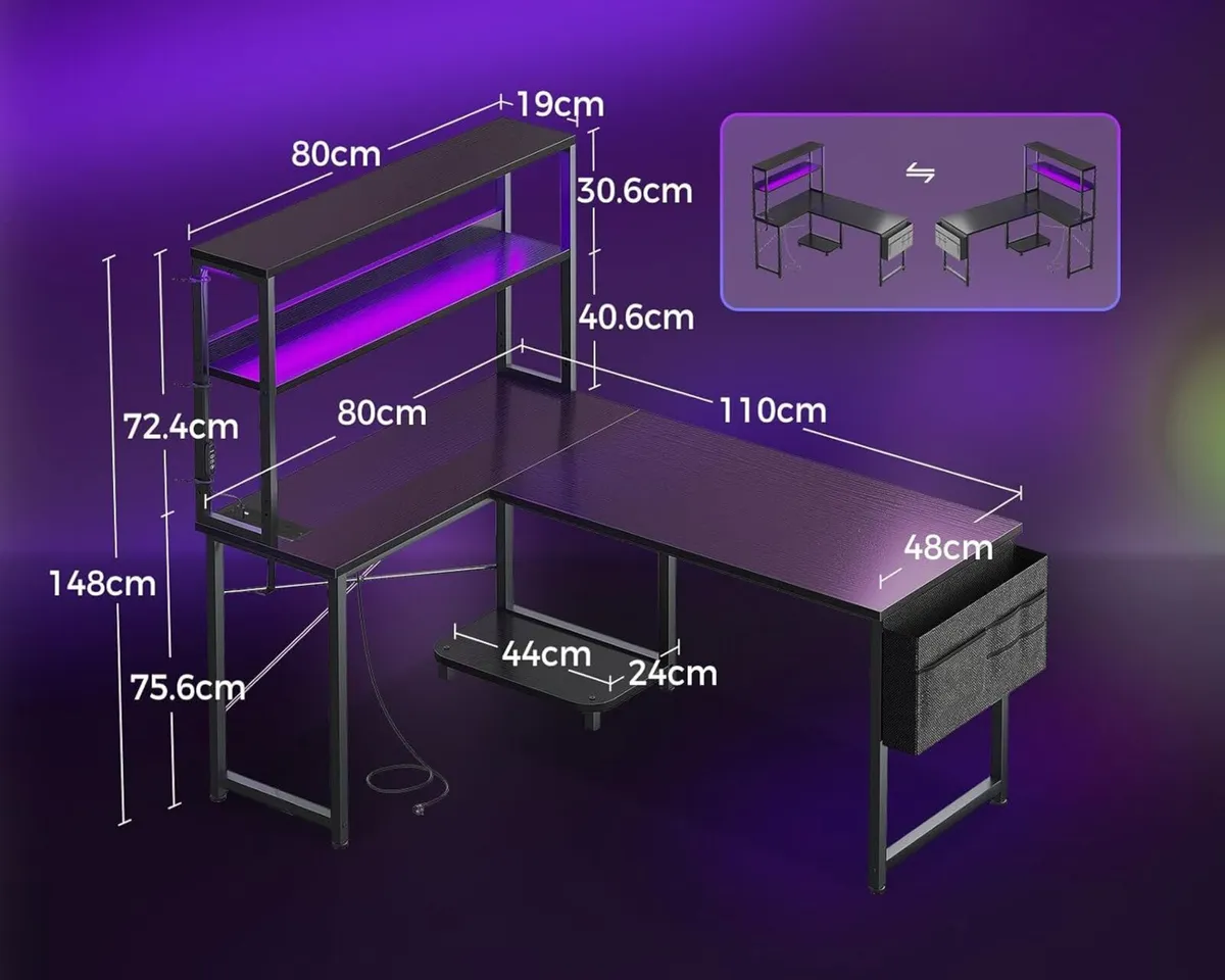 L Shaped Gaming Desk with LED Lights Power Outlet - Image 3