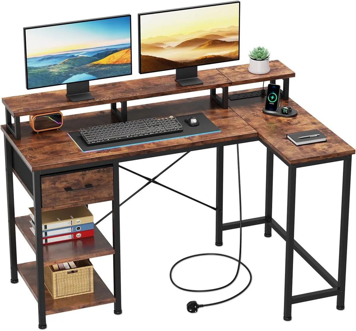 L Shaped Desk with Power Outlet Corner Computer - Image 1