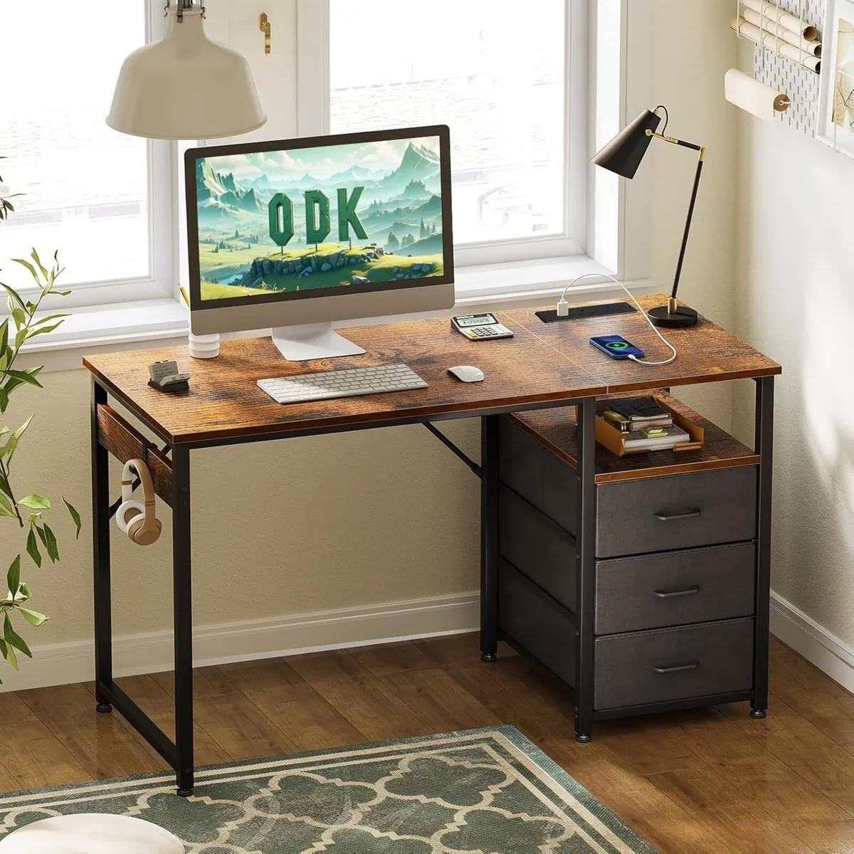 120cm Computer Desk with Drawers Office 2 Sockets - Image 2