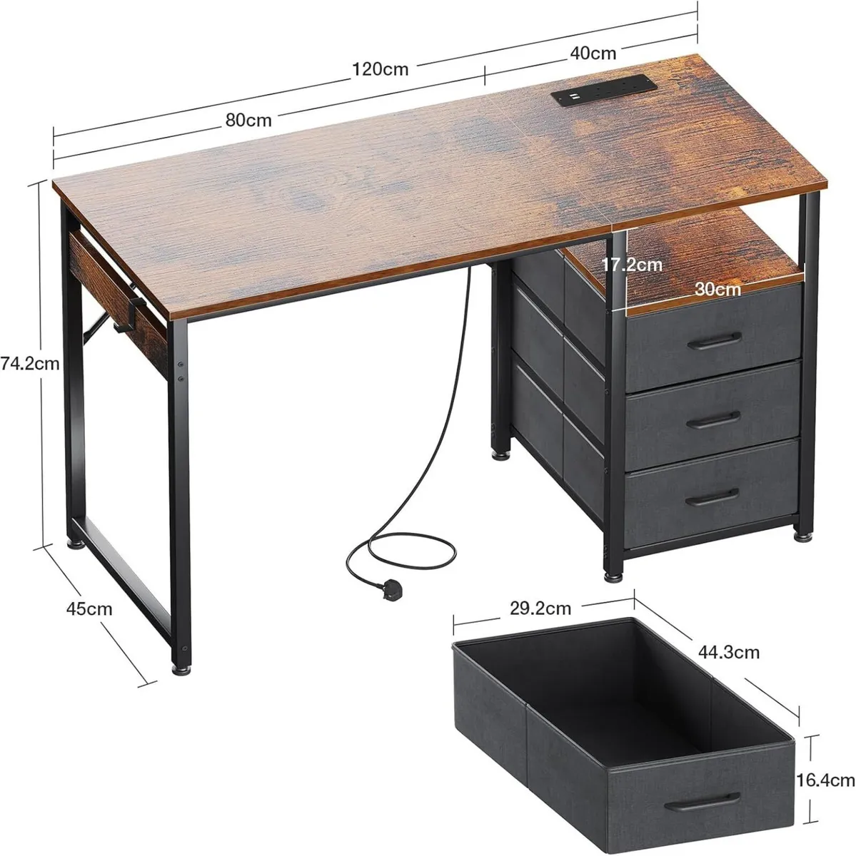 120cm Computer Desk with Drawers Office 2 Sockets - Image 3