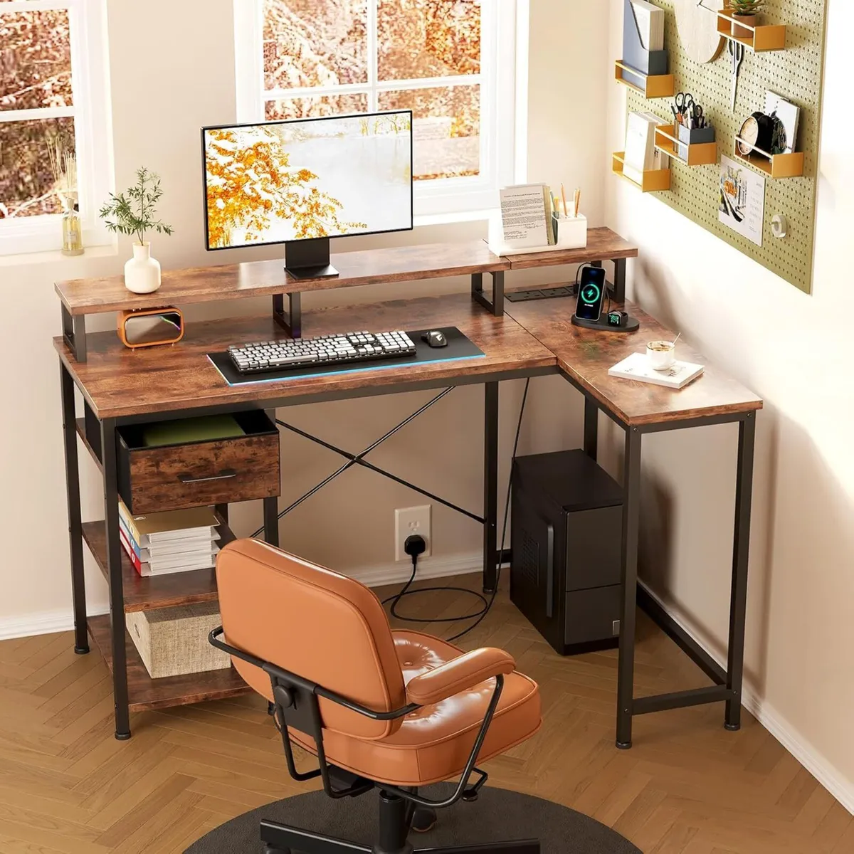 L Shaped Desk with Power Outlet Corner Computer - Image 2