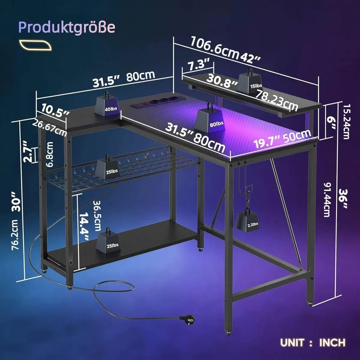 106.5CM L-Shaped Gaming Desk with RGB LED Lights - Image 3