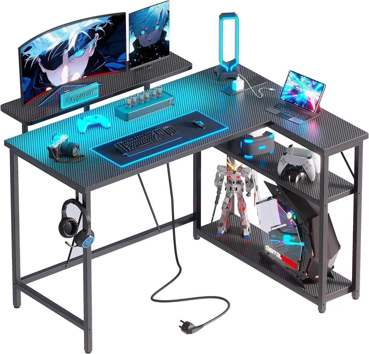 L Shaped Gaming Desk with RGB LED Lights Power - Image 1