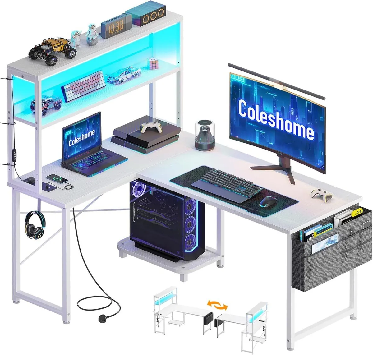 L Shaped Gaming Desk with LED Lights Power Outlet - Image 1
