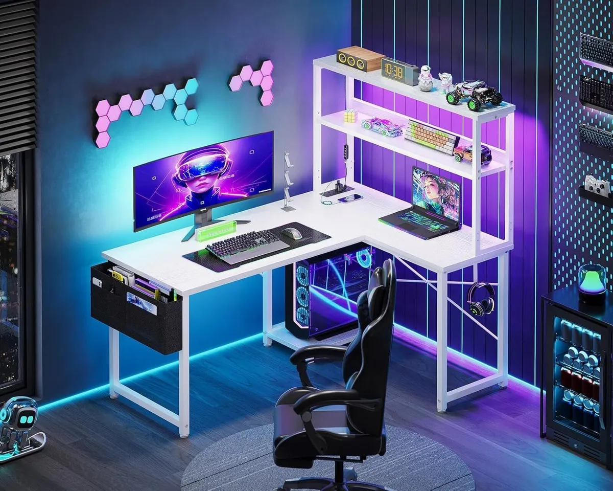 L Shaped Gaming Desk with LED Lights Power Outlet - Image 2